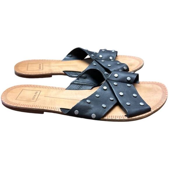 Dolce Vita Black Leather Studded Flat Slide Sandals Women's Size 8 - Picture 2 of 8